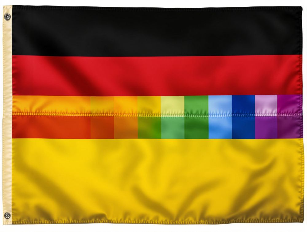 Flagge, vertikale Streifen: schwarz, rot -regenbogen (in den rotenbalken eingearbeitet) -gold