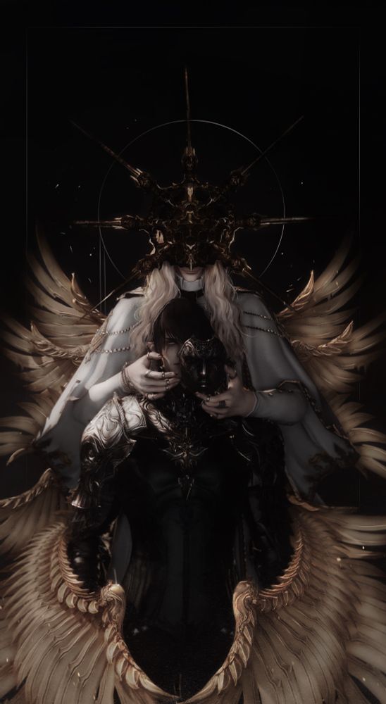 A lightwarden angel with wings of gold carefully wrapped around his victim, another Elezen darker contrast to the other standing in front. The lightwarden sees his victim as a toy— his favourite, as he holds a mask to place over the others face, unbeknownst to him that the other has other plans to leave.