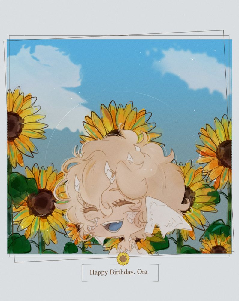 A “ Happy Birthday, Ora” drawing of her ffxiv au ra raen character from ffxiv. She’s smiling in a field of sunflowers, her favourite. Unable to be compared to any season or day, she’s her own beautiful soul.