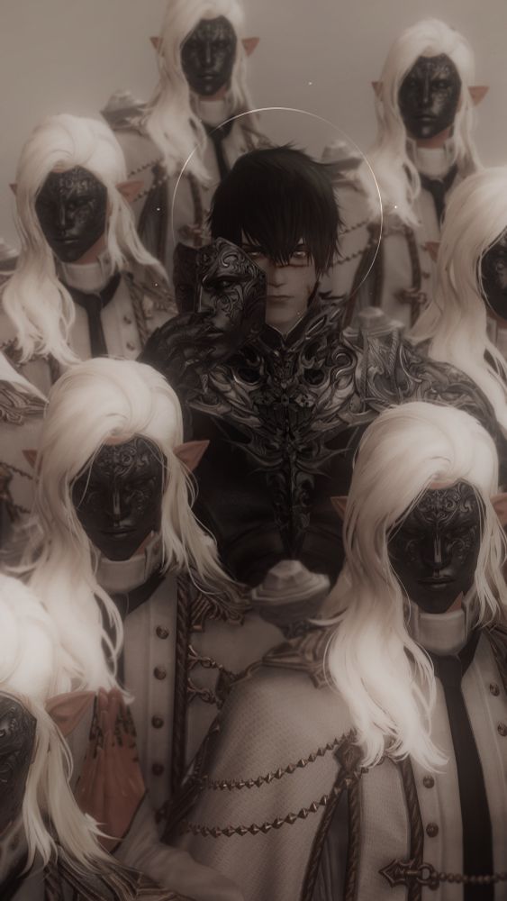 An elezen man dressed in dark armor among a group who wear white and hidden behind their masks. He removes his mask, a blank stare as a tear rolls down his cut cheek. Representing Judas among the followers.