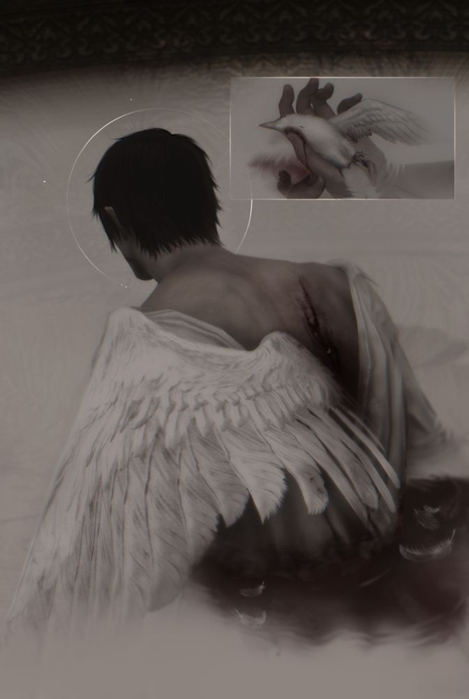 An elf sitting in murky waters, melancholy air about him as he sits facing away from the viewer, blood staining the soft white waters as it seeps from his wound. One would see he is missing one wing and cradles a wounded bird that is also missing the same wing as him.