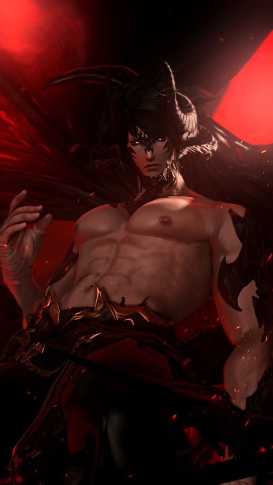 An aura male from ffxiv, looming over the viewer dressed in a demonic attire. Red lighting behind him along with large bat like wings.
