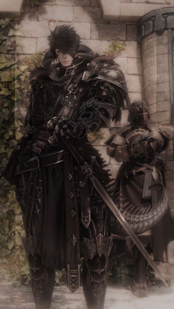 An Au Ra xaela from FFXIV, dressed in a vanilla mashup knight attire, standing among runes of stone and ivy with Fray leaned up against the wall in the background. 