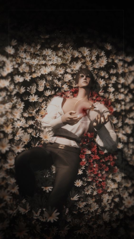 An elezen man laying in a white field of flowers, an arrow piercing his heart as blood slowly stains his white shirt. Red flowers just under him bloom.