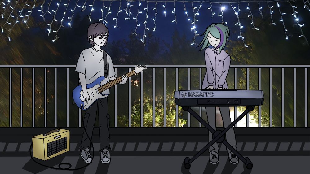 Void, playing guitar and Kehyoi, playing the keyboard on the roof with lights behind