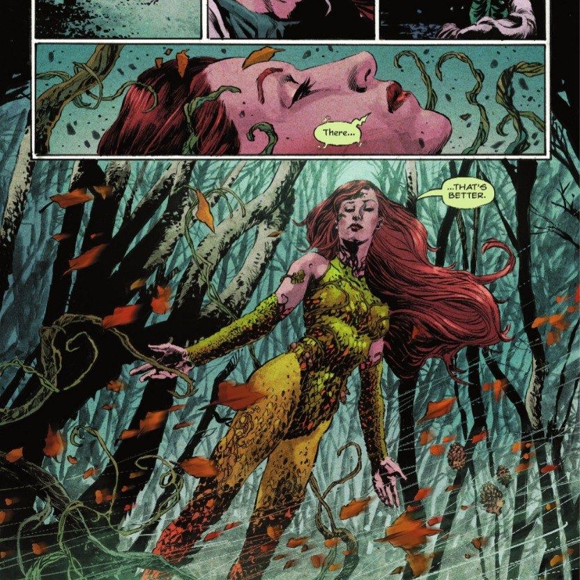 Pamela Isley, a Hera Venenosa, confecciona um traje de plantas