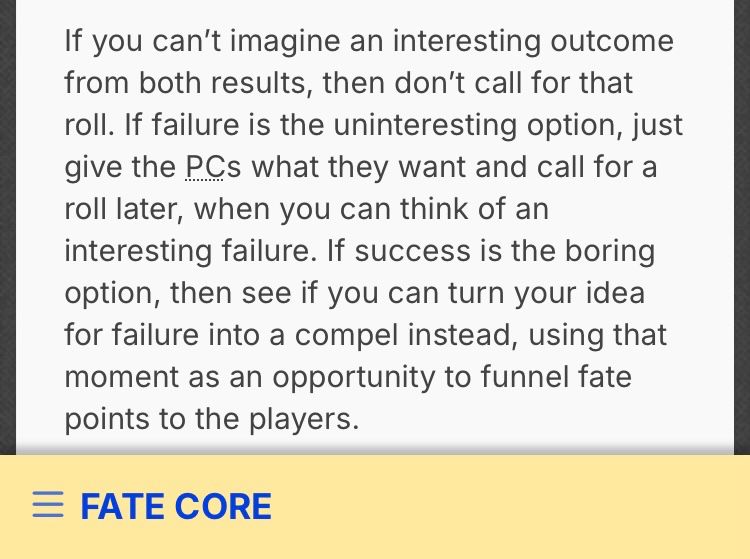 Continuing the section from the Fate SRD entitled "When to Roll Dice".