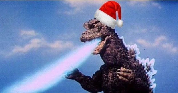 Santa Godzilla with radioactive breath causing pink clouded sky. Maybe. 