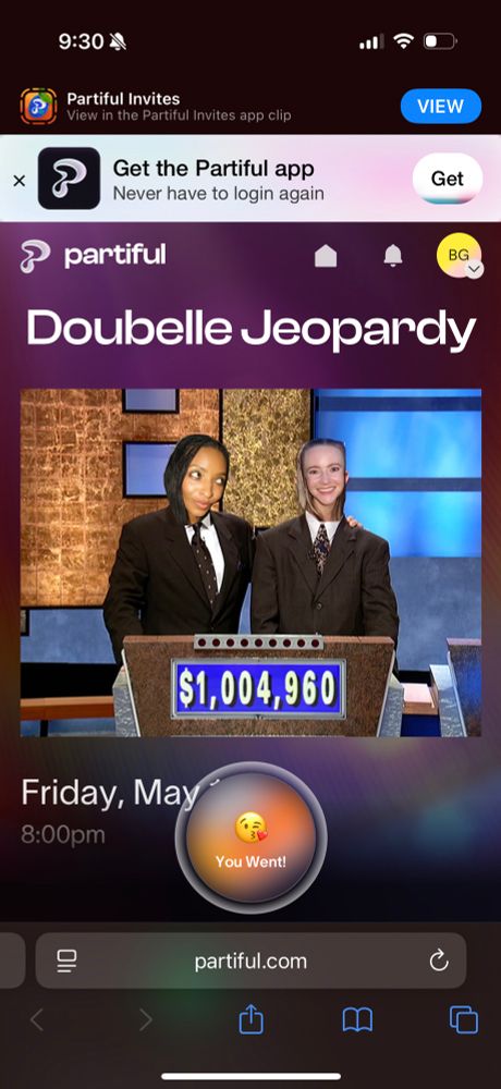 Partiful invite screenshot titled “Doubelle Jeopardy”