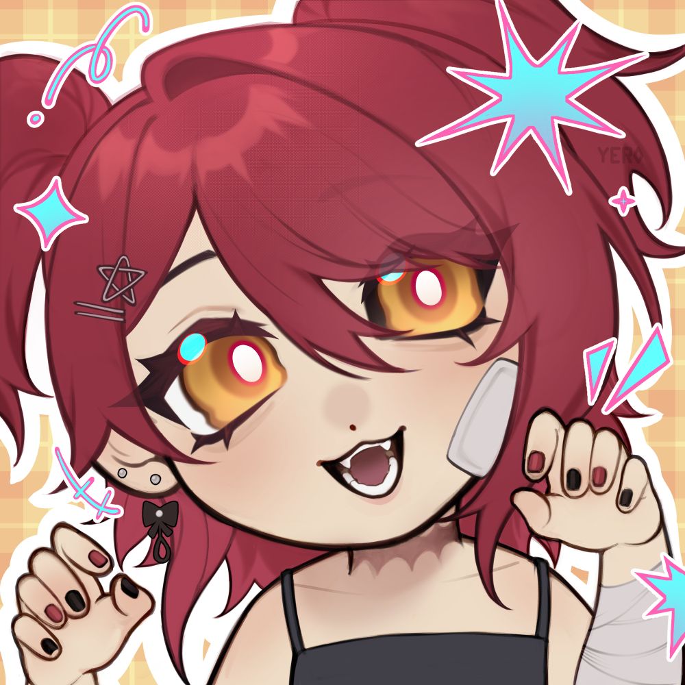 A headshot chibi illustration of my OC Sevy with her hands held up in ''claw'' motions, surrounded by pink and blue scribbles outlined in white, on a checker light yellow background