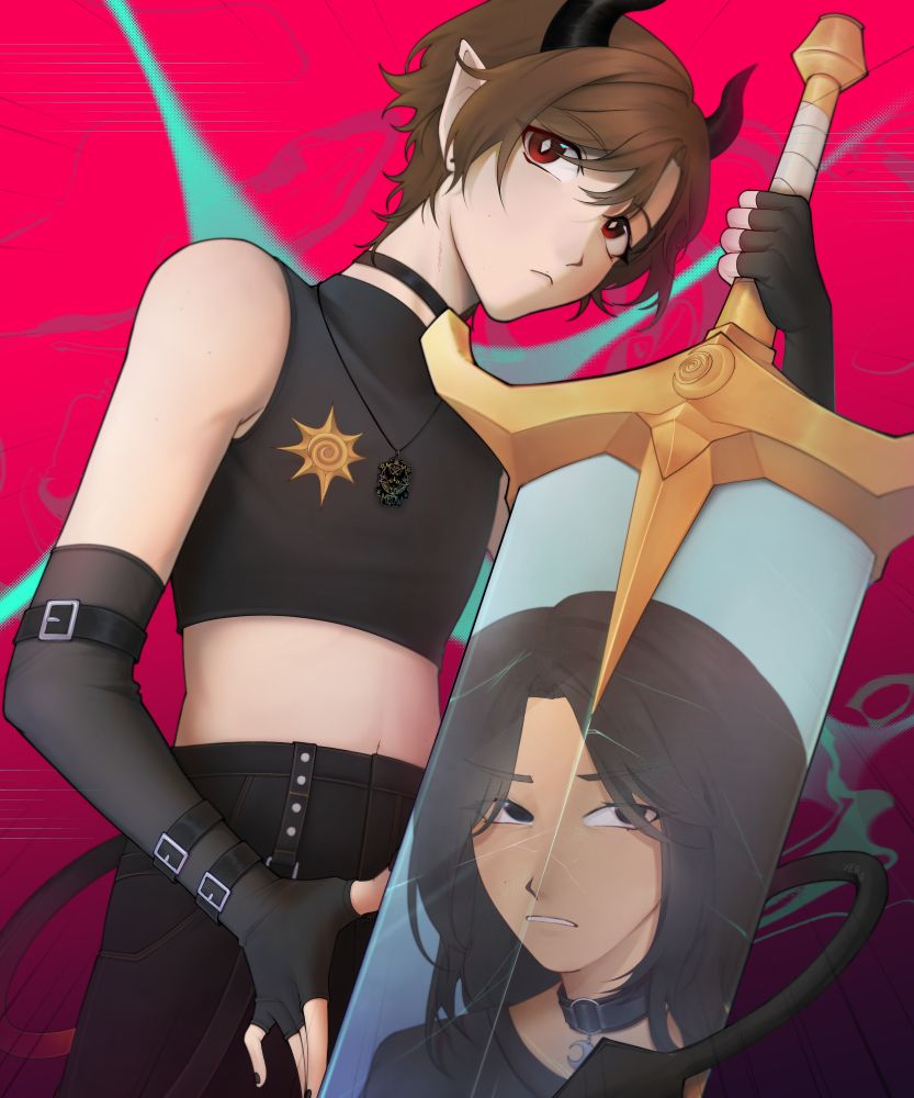 It's a me Yero and my friend- I mean, my friend inside a blue greatsword with a golden handle, he has long black hair and a choker, looking at the viewer with a bit of annoyed look. Yero is dressed in a specie crop top/binder looking thing with a sun pin, a necklace and a collar, they have fingerless gloves that goes above the elbows with 3 belts scaterred across, and they hold the greatsword with one hand whilst the other smooths the edge of the blade. The background is light to dark hot pink gradient with cyan waves around.