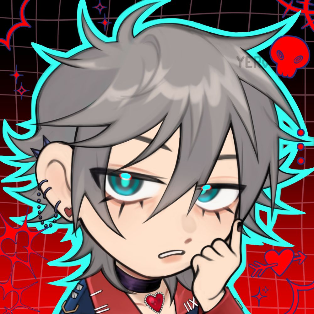 A chibi icon of Papperie's OC, Meredith. She has short gray hair and a bored look to her cyan eyes. She's very edgy with a spiky look to her all around, and there are stickers of pierced hearts and skulls surrounding her.