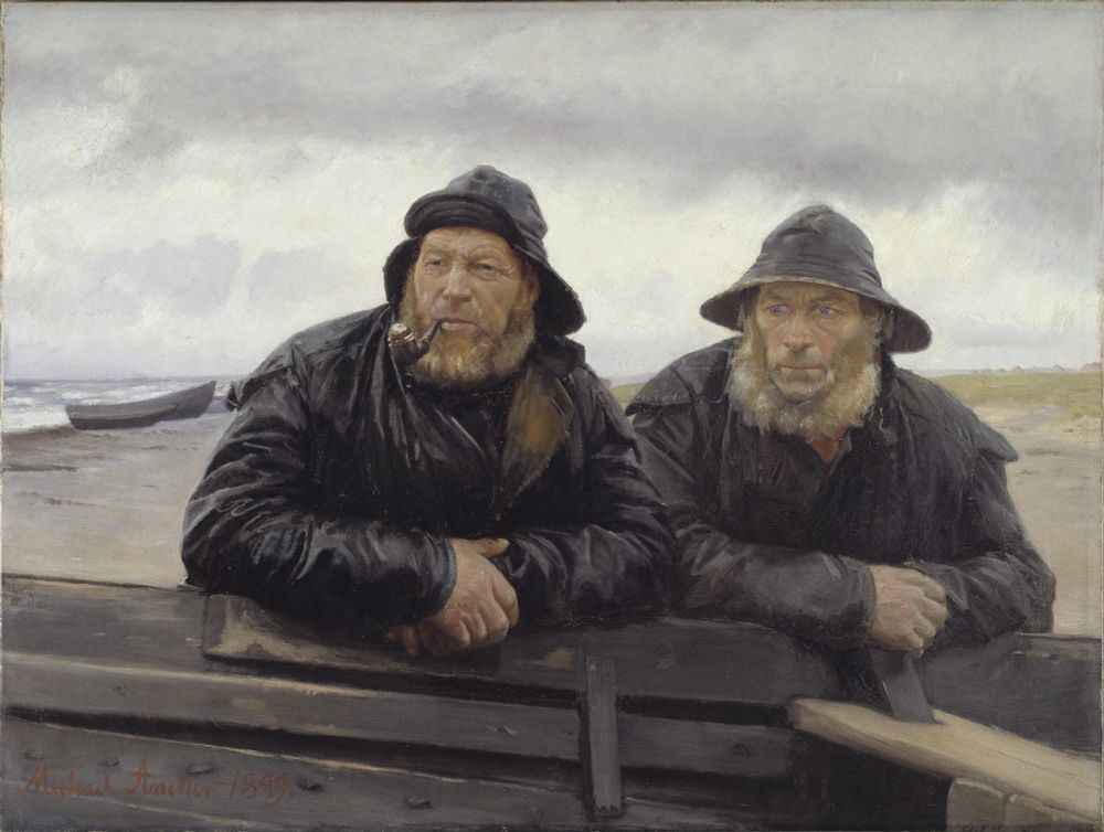 The two fishermen were Ole Svendsen and Søren Kruse (https://commons.wikimedia.org/wiki/File:Michael_Ancher,_To_fiskere_ved_en_b%C3%A5d,_1889,_KMS1360,_Statens_Museum_for_Kunst.jpg). In heavy raincoats and big caps, one with a pipe in his mouth, standing next to each other, leaning on something wooden, only upper body visible; beach and a rowing baot in the backdrop