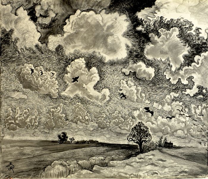 b/w
More than three quarters of the picture shows a sky with huge clouds and flying ravens. On the ground are fields, a few trees and a hut or house in the background, as well as a tree closer to the viewer. 