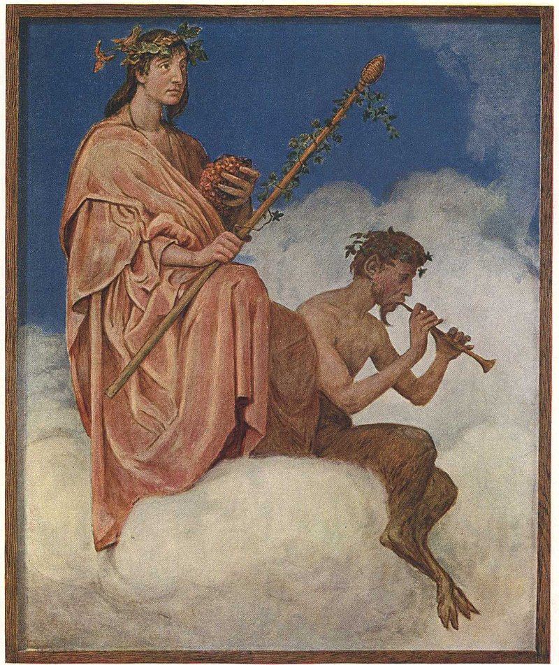 A somewhat bewildered-looking Dionysos dressed in a robe and with a thyrsus and wine symbols, and a naked Pan, playing his flute, sit on a cloud.  