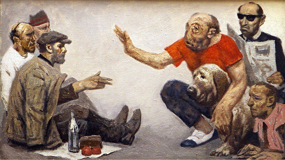 The peasants sit on the ground to the left, with a drink and food next to them. The mutant who speaks is squatting, his left arm resting on a large dog. Next to the dog lies a mutant (who, however, looks like an ordinary human) in a reclining dog pose. Behind the two and the dog, a man wearing sunglasses holds a newspaper in front of him, which might give the impression that he's a secret agent.