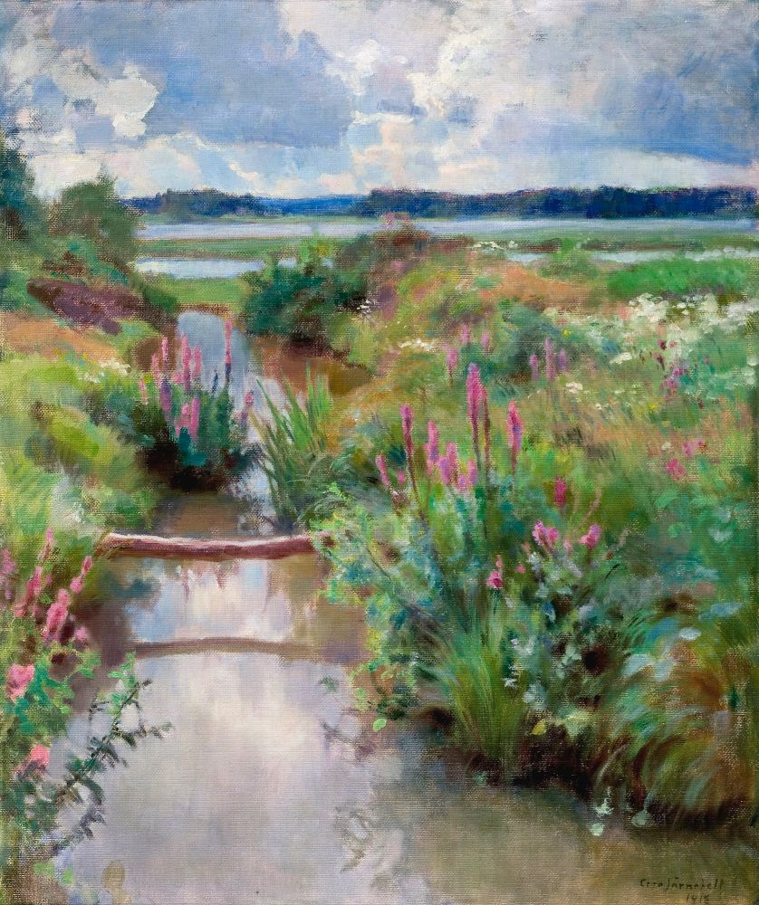 a small stream in a field with flowers and grass, more water, a forest and a clozdy sky in the background