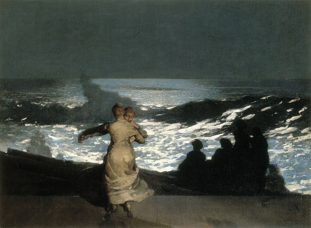 https://www.musee-orsay.fr/en/artworks/nuit-dete-9444
Winslow Homer started his career as a graphic reporter during the American Civil War, before going on to paint scenes of army life and the rural world with the Naturalist precision which then prevailed in American painting. After a stay in Paris, Homer used an Impressionist palette for a while then developed a personal style midway between Realism and Symbolism. Summer Night perfectly expresses this synthesis and may be considered one of the first masterpieces of American art still in search of its identity.
This nocturnal scene by the sea transcends observed reality through a keen sense of poetry and mystery. The light and shade effects blur shapes, while the ghostly silhouettes of two women dance on the shore. Although it may well have been influenced by Courbet's Waves, the lyricism tinged with mysticism expressed by Homer helped develop a feeling for nature that is peculiarly American.
