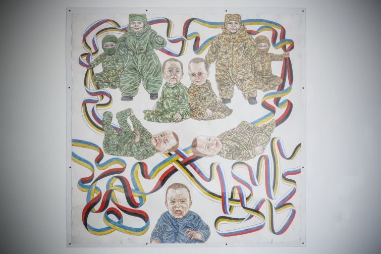 For a description of the painting, please read below! Here an obituary in English: https://rubryka.com/en/2025/08/11/na-fronti-zagynuv-hudozhnyk-anarihist-davyd-chychkan/ 

Many of his works and a video about the destruction and the theft of some of them ca be found with these links: 
https://davidchichkan.portfoliobox.net/1 https://www.instagram.com/davidchichkan/?hl=de https://www.wikiart.org/en/davyd-chychkan https://www.youtube.com/watch?v=-ppyJyc1z5E 

Description of this work: Toddlers and other very young kids in unforms, smiling or looking OK, one crying toddler at the bottom. Around them is a structure of interweaved ribbons, one ribbon with the Ukrainian flag colours on one side and the nationalist / fascist Ukrainian black-and-red on the other; the other ribbon with Tsarist colours on the one side and the current Russian flag colours on the other. On the top the ribbon structure may be made to resemble SS runes including all four sides of the two ribbons. For the use of this combination of colours, see other works e.g. at https://davidchichkan.portfoliobox.net/1 (where one can also see that he opposed the anarchist black-and-red to the black-and-red of the Ukrainian nationalists / fascists, https://en.wikipedia.org/wiki/Flag_of_the_Ukrainian_Insurgent_Army)