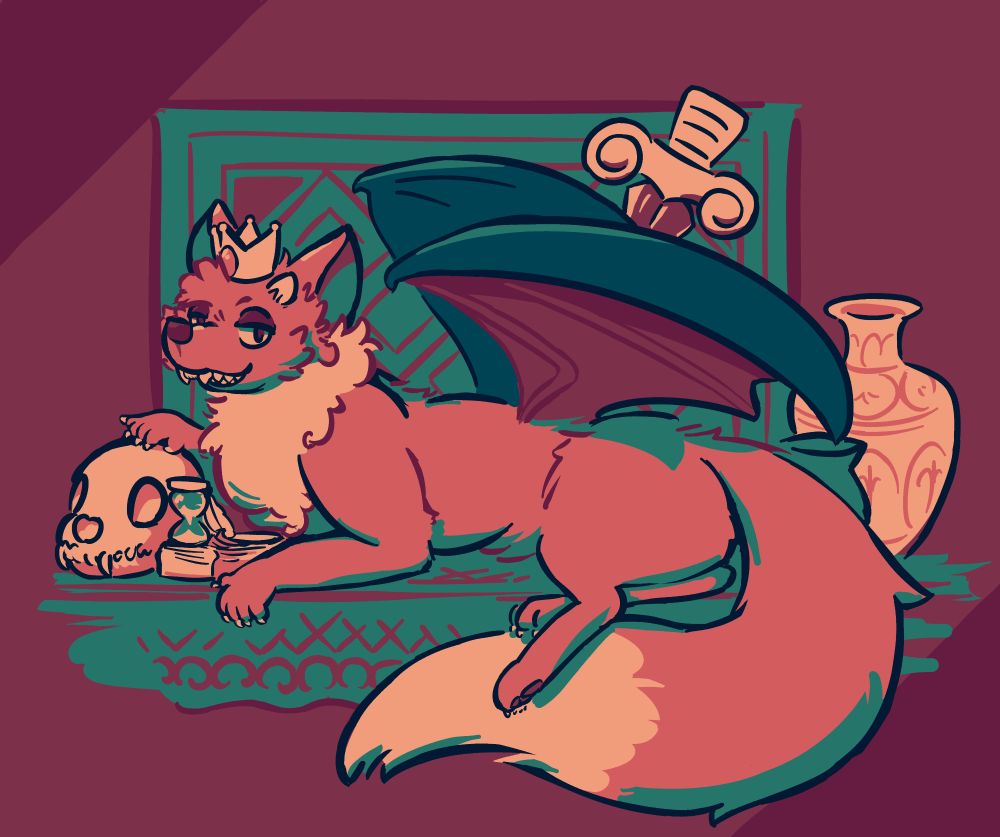 Kooloo, a smug-looking fox with bat wings and a pointy little crown.  He's lounging on a side table with an ornate tablecloth and various items around him, including a skull, an hourglass, a old yellowed book, some vases, and an ornate sword behind him, positioned as if sticking out of his back.