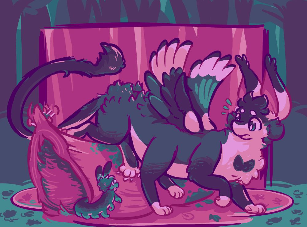 Tux, a long mysterious noodly mammal of some sort with magpie wings, six paws, and a mossy green sheen to its coat.  They slink over a hollow log in a dimly-lit forest, doing a double-take as a velvet worm with scruffy hair and glasses crawls out to see what's making all that noise on its roof.