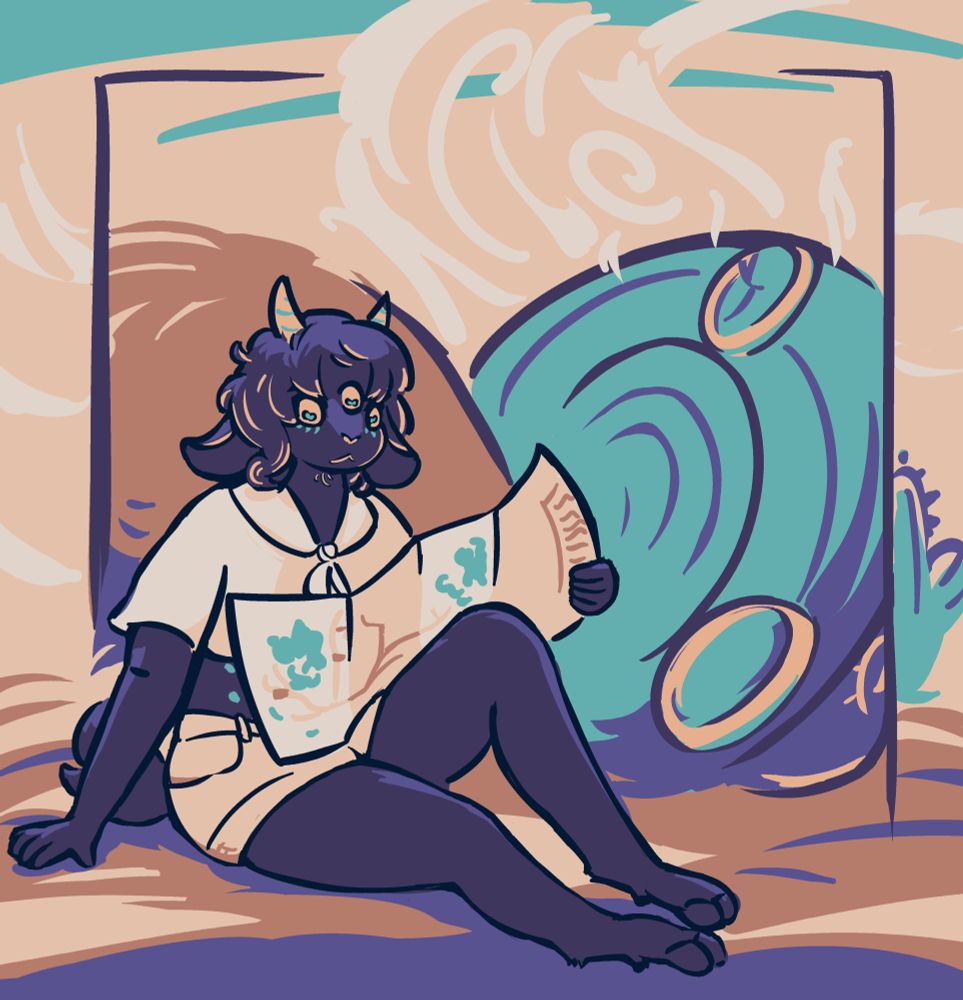 Monday, a three-eyed alien goat person in khaki shorts and a loose breathable button-up crop top.  They sit in the middle of the desert with a map propped up on one knee, leaning against the rock they crashed their UFO into while they try to figure out where the hell they are.