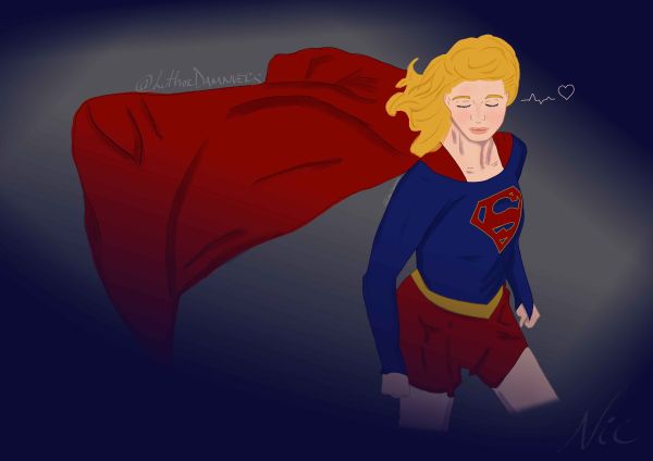 fan art of supergirl floating, listening to a heartbeat.