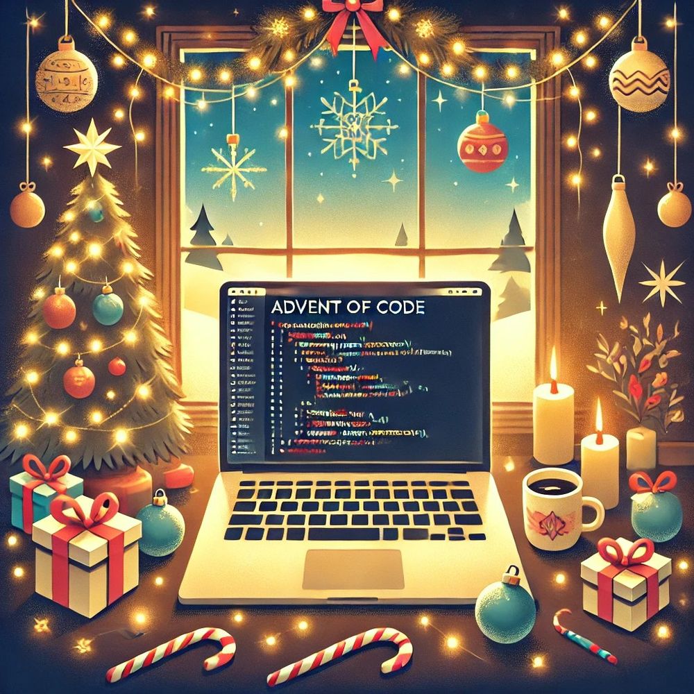 A festive holiday scene with a laptop displaying glowing code, surrounded by Christmas decorations like fairy lights, ornaments, a candy cane, and a small tree. Snowfall is visible through a window, creating a cozy atmosphere with subtle coding elements woven into the decor.