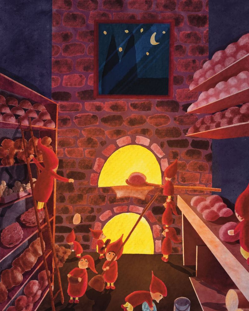 Heinzelmännchen (little guys) baking bread.
