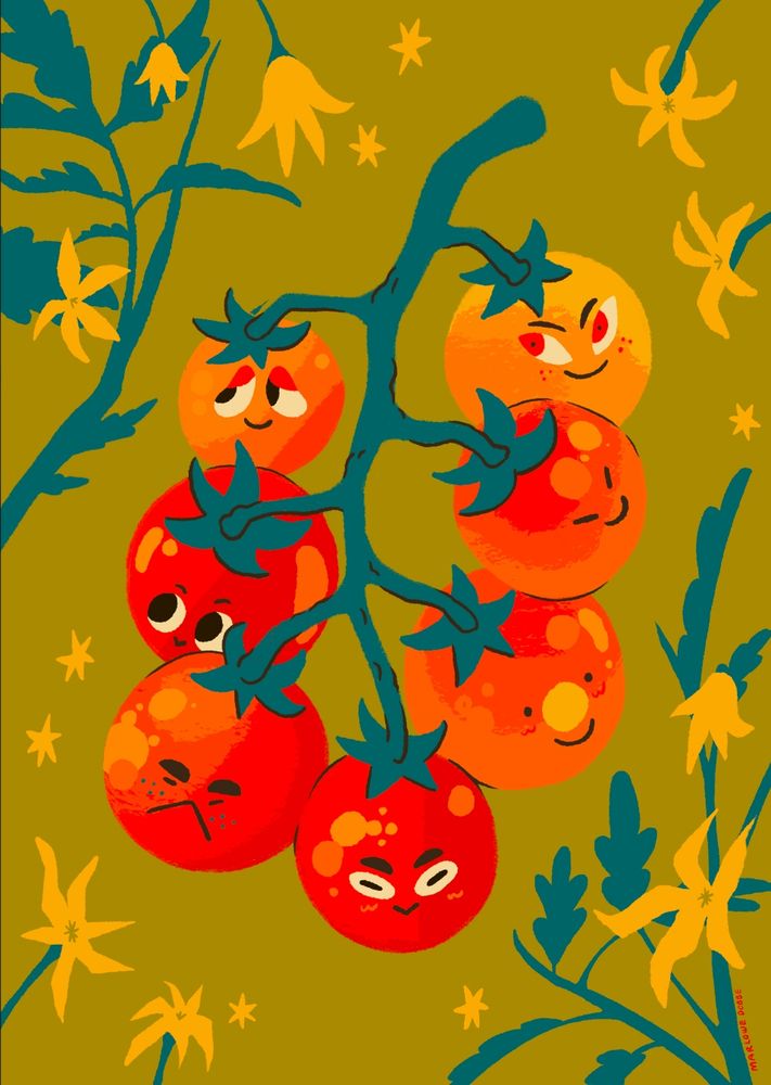 A colorful illustration of a bunch of tomatoes on the vine surrounded by tomato plants and flowers. Each tomato has a different goofy little face on it. 