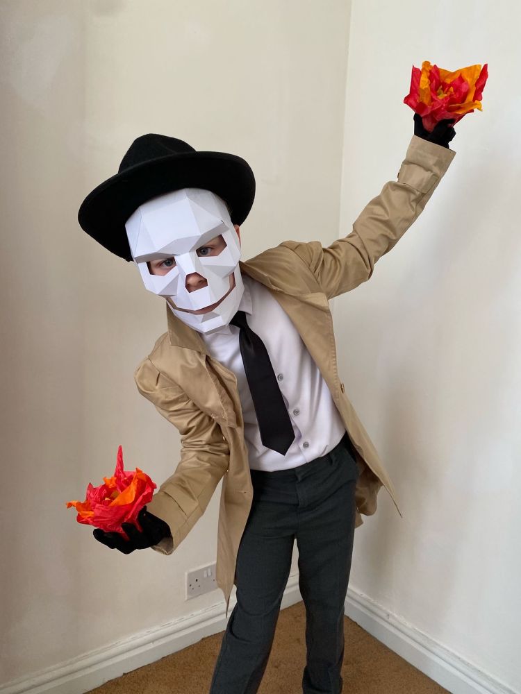 A boy dressed up as the character Skulduggery Pleasant for World Book Day, 6 March 2025. 