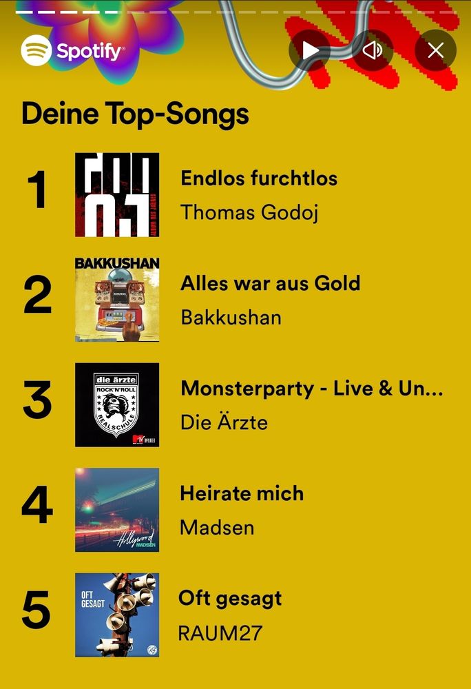 Spotify Jahresrückblick Top 5 Songs:
Platz 1 Thomas Godoj mit Endlos Furchtlos.
Platz 2 Bakkushan mit Alles war aus Gold.
Platz 3 Die Ärzte mit Monsterparty.
Platz 4 Madsen mit Heirate mich.
Platz 5 Raum27 mit Oft gesagt.