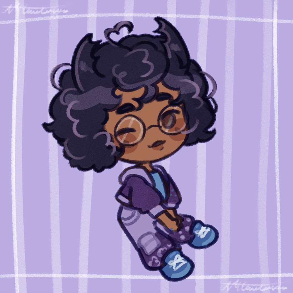drawing of a black fem presenting chibi wearing glasses, purple jacket, and has beetle horns and purple curly hair winking towards the viewer
