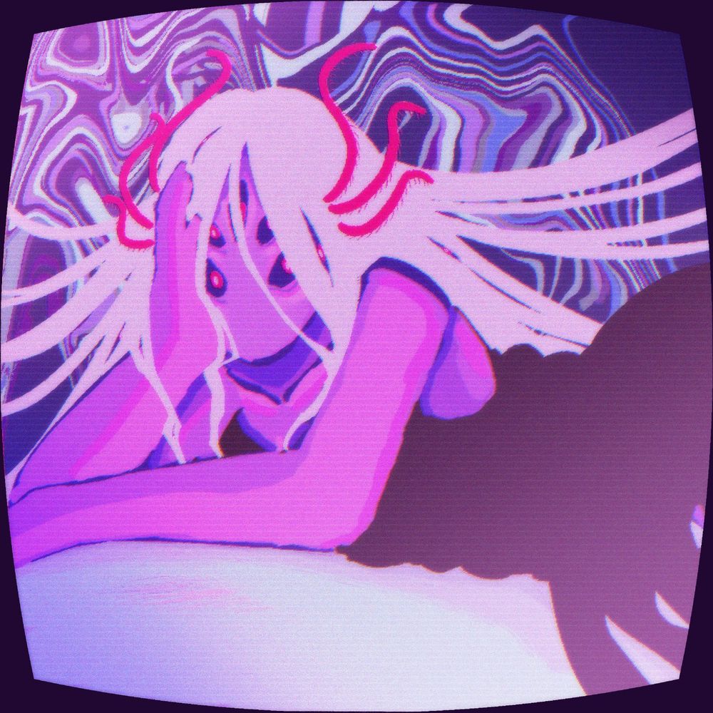 A pink five-eyed eldritch salamander laying across a table, holding their head in one hand as their hair splays out behind them. They are inside a TV screen with a background that looks strangely like poured paint.