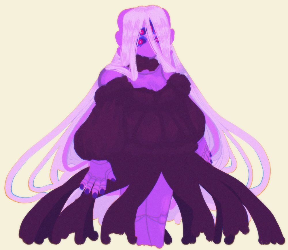 A pink anthropomorphic salamander with five unnerving eyes and long pale wavy hair. They are standing and staring at the viewer while wearing a black stygiomedusa gigantea as a dress.