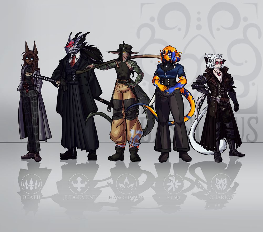 Art of five characters standing in a lineup. The first is a brown bat anthro with stark blue eyes wearing grey clothing. Second is a iron-jawed and masked warrior in a suit and hakama combination, resting a scaled hand against an odachi. Third is a scaled woman with stark yellow eyes dressed in clothes reminiscent of a fire fighter, with a scythe fashioned in a way similar to a fire axe. Fourth is a slime person with blue starscapes scattered across their orange gel, wearing formal clothing with bell bottoms. Fifth is a cat-earred man, with stark white messy hair and red lensed glasses hiding his eyes, with two swords on his back. He is wearing a brown coat alongside dark grey plate on his limbs.
