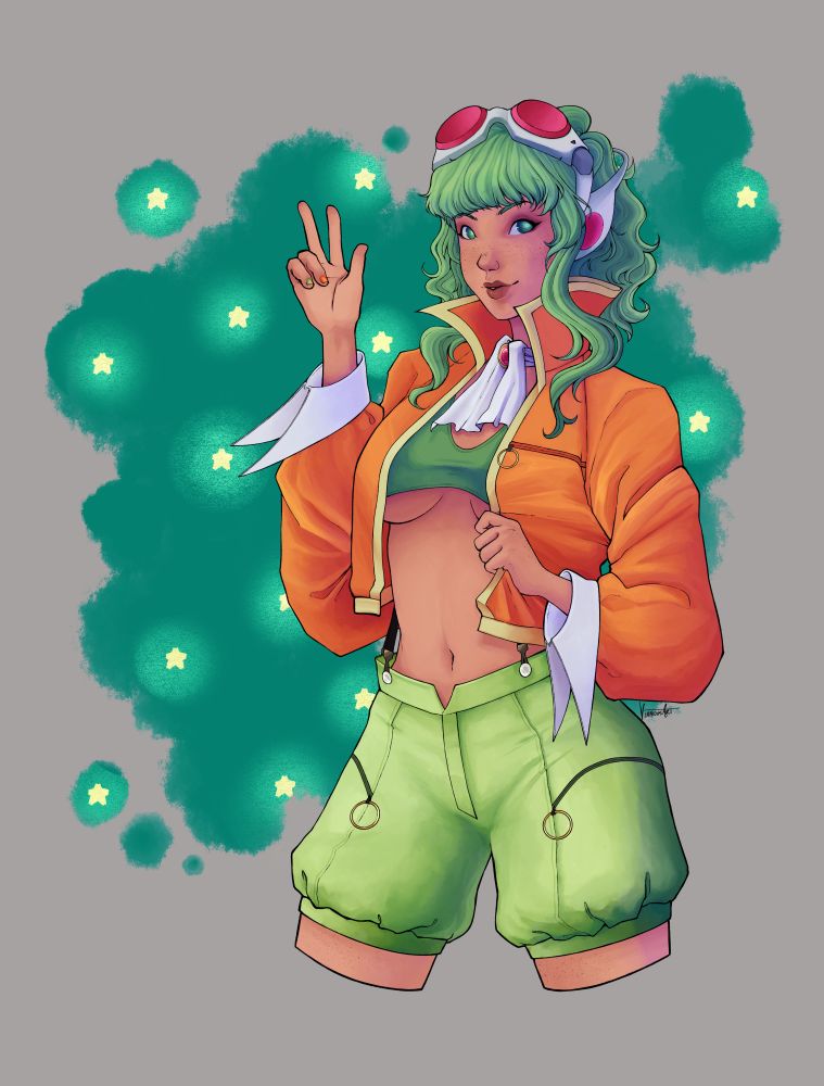GUMI from Vocaloid in her V3 Sweet Outfit. Her right hand is held up as a peace sign while her left is holding the zipper line of her jacket. Behind her is a teal ink-like blotch with glowing yellow stars inside. 