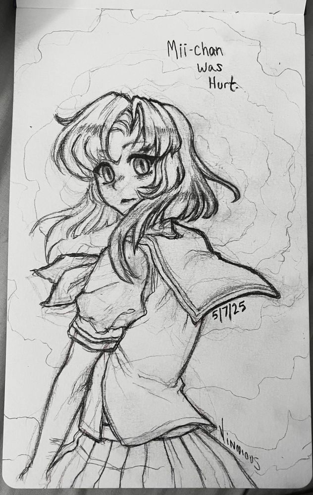A pencil sketch of the character Rena Ryuugu from Higurashi: When They Cry, looking at something behind her. There are bandages on her neck, made slightly more visible by the wind blowing her hair forward. 

On the top right there is text that says "Mii-chan was hurt." Lower down is the date '5/7/25' while lowest is the artists name, Vinnious. 