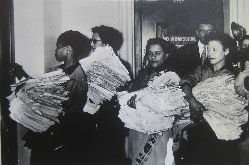 Pictured here, carrying tbe petition on behalf of the thousands of women are (from left to right): Lillian Ngoyi, Helen Joseph, Rahima Moosa, and Sophia William-de Bruyn.