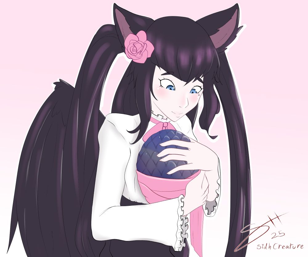 Halfbody illustration of an angel-winged kemonimimi catgirl with twintails cradling torso-sized sparkling dragon egg swaddled in pink fabric, smiling proudly upon it