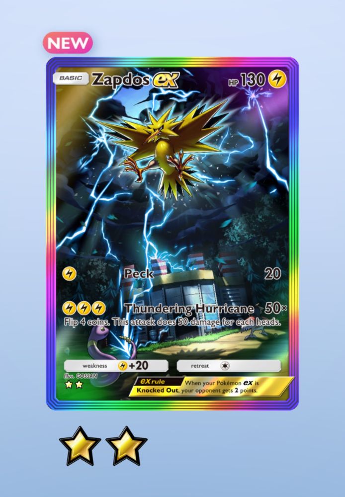 Full art Zapdos Ex card with the rainbow border. 