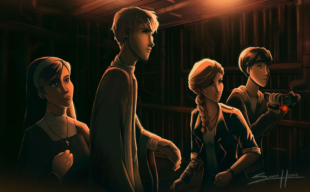 a group of people looking at something 