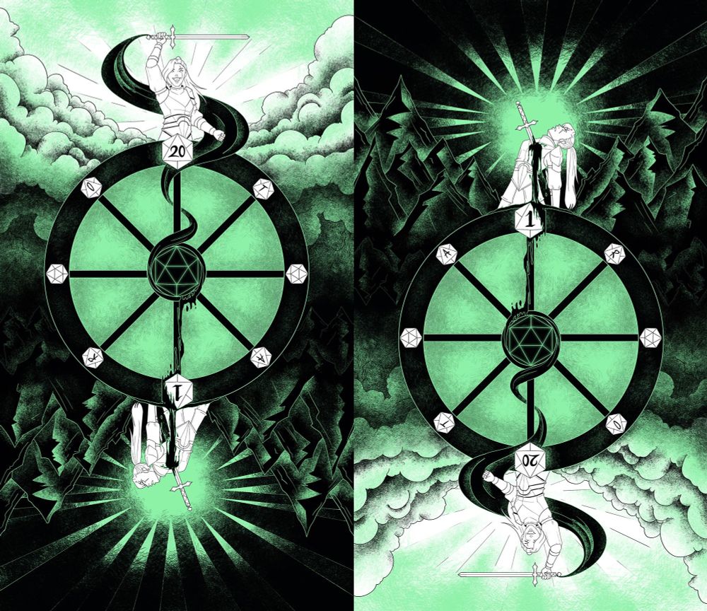 Image of a dnd theme tarot card, the Wheel of Fortune in it's upright position and reversed