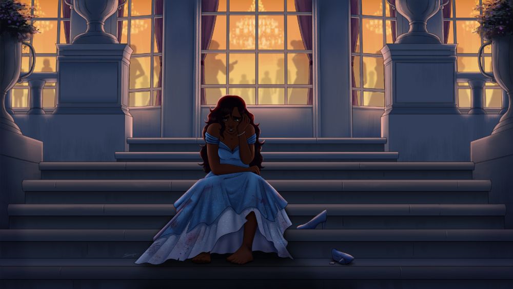 evie sitting on the steps of a grand ballroom, crying