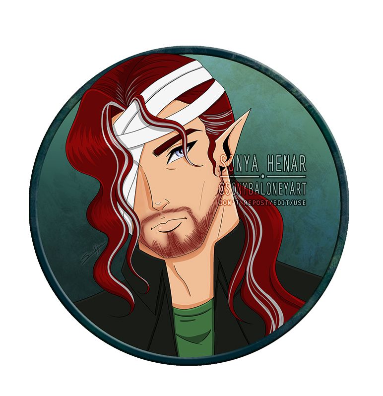 Elven man with red hair with streaks of white. their head and face are bandaged 