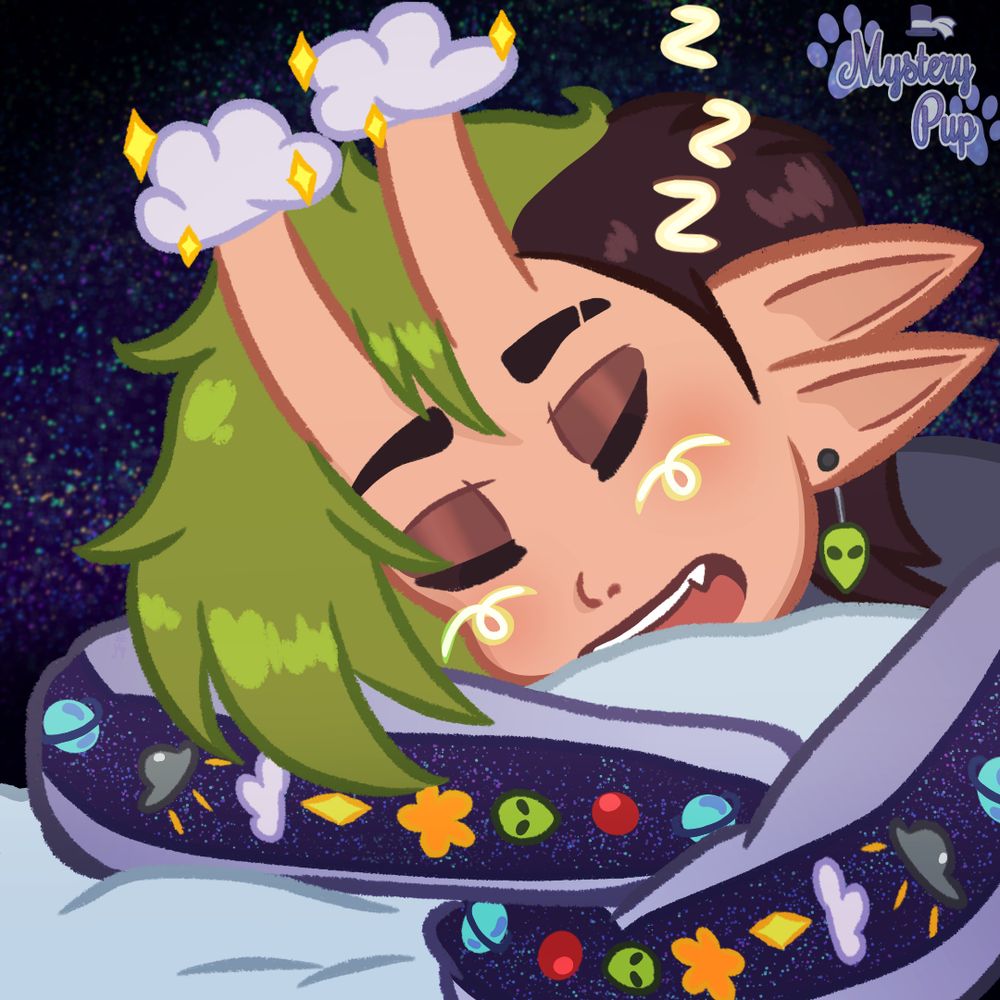 A friendly fire art fight piece of Mystery Pup's friend, BaileyAlien. In their pajamas, arms crossed, and sleeping headshot. With a galaxy background of many different colored dots.