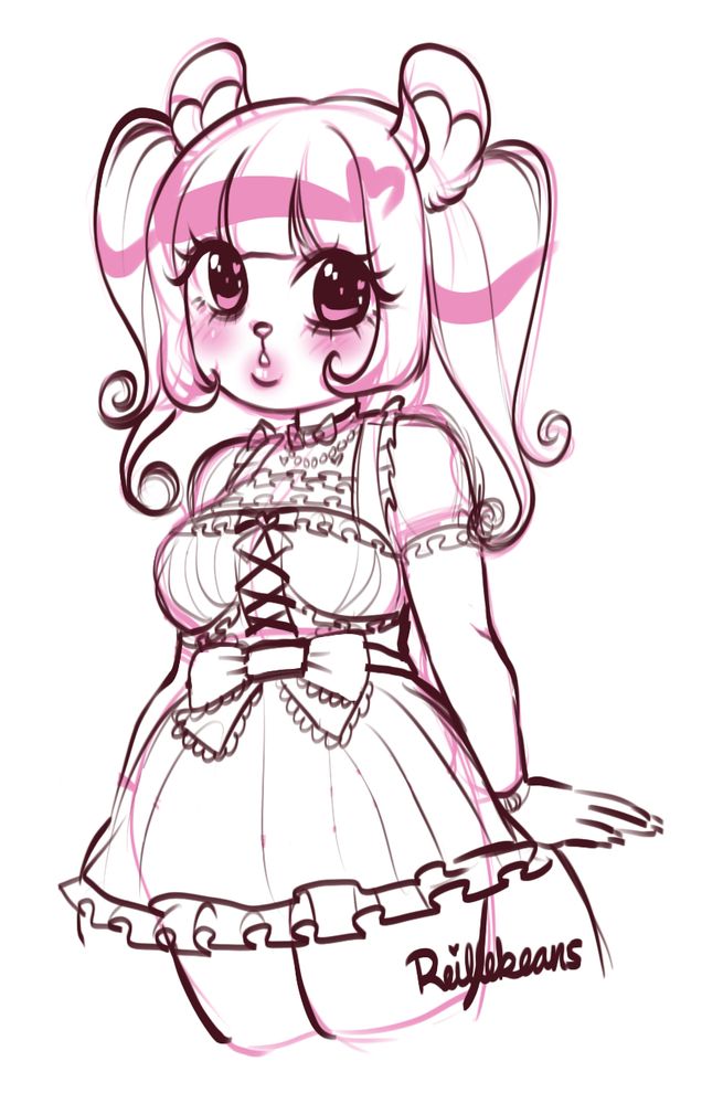 Messy sketch of my fursona Rei wearing a jirai/ryousangata outfit 