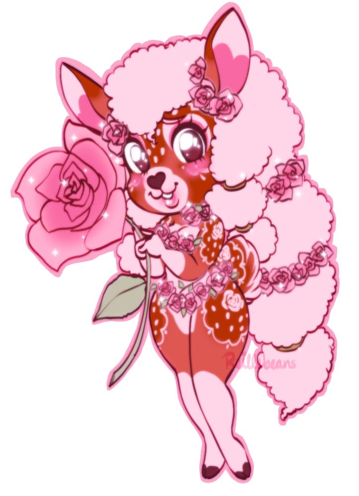 A chibi anthro deer (my oc Calliope) holding a pink rose. 