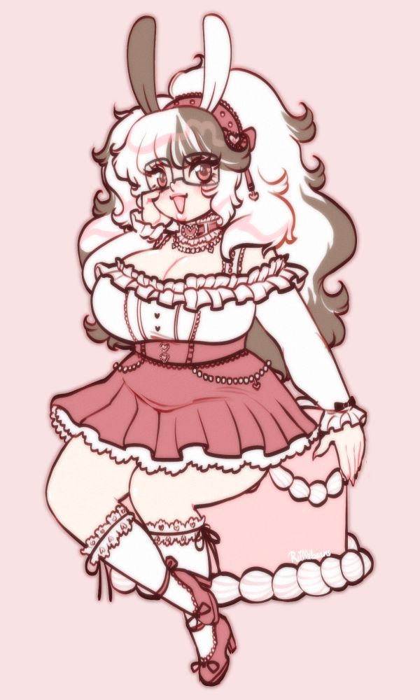 Artwork of @theangorabunnie’s mascot sitting on a tiny pink cake.