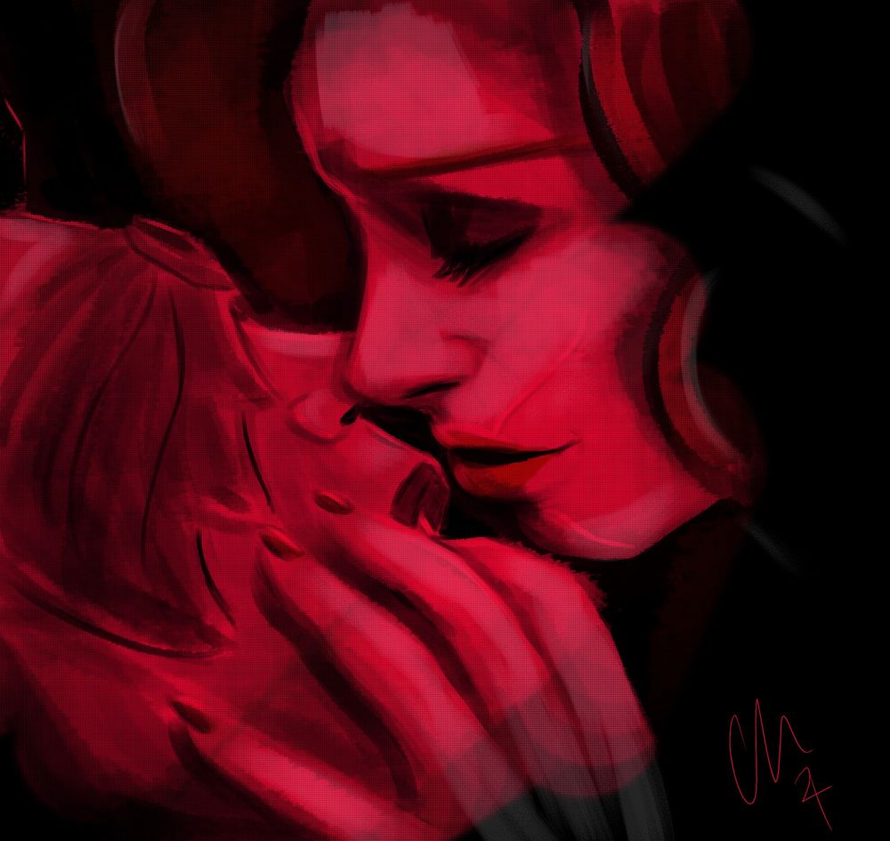 Bloom, 2024. A digital painting done in red palette depicting a couple inches away from kissing. There is an aspect of helplessness to it. 
